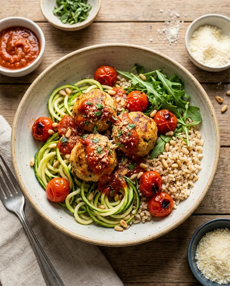 Turkey Meatballs with Zucchini Noodles & Brown Rice (Gluten-Free)