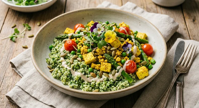 Savory Turmeric Tofu Scramble with Spring Herb Cauliflower 'Quinoa' Bowl