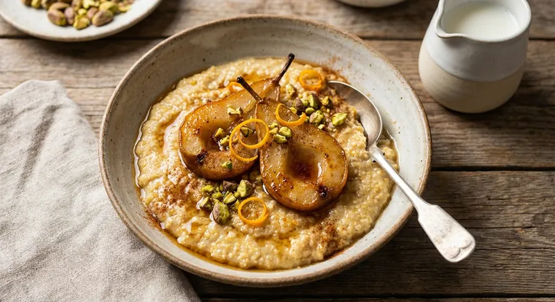 Warm Spiced Quinoa Porridge with Roasted Pears, Toasted Pistachios & Orange Zest