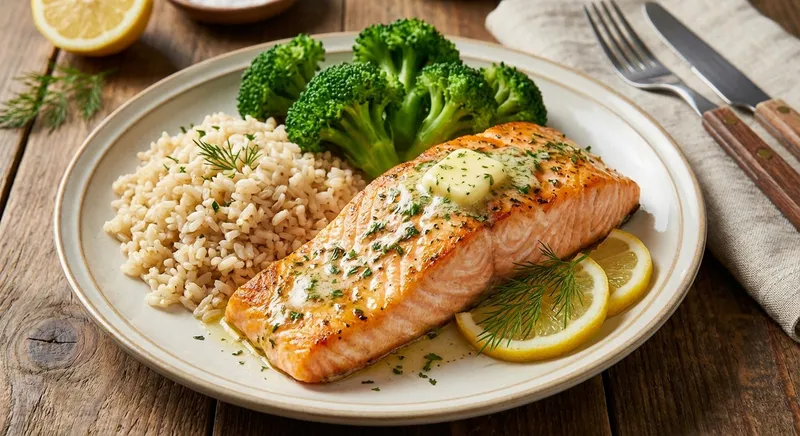 Oven-Baked Salmon with Garlic-Herb Butter, Brown Rice & Steamed Broccoli