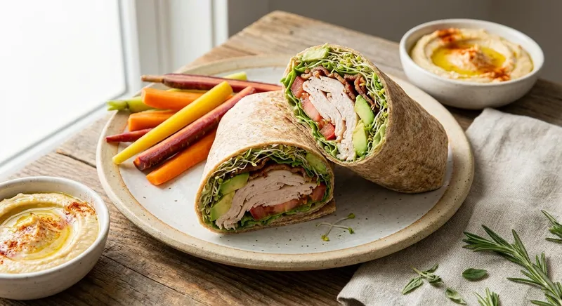 Turkey & Avocado Whole-Wheat Wrap with Carrot Sticks & Hummus
