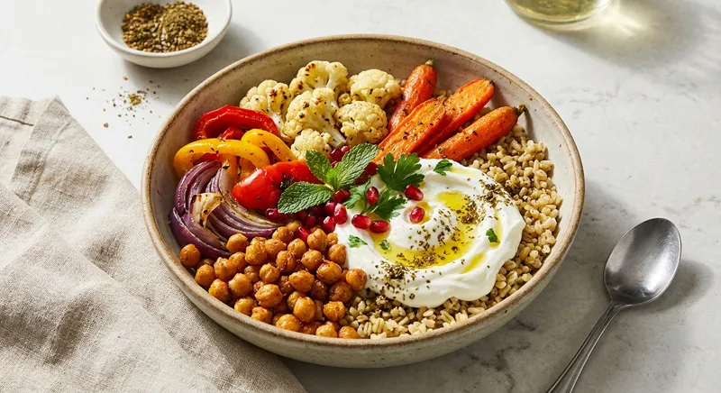Roasted Vegetable & Chickpea Freekeh Bowl with Labneh
