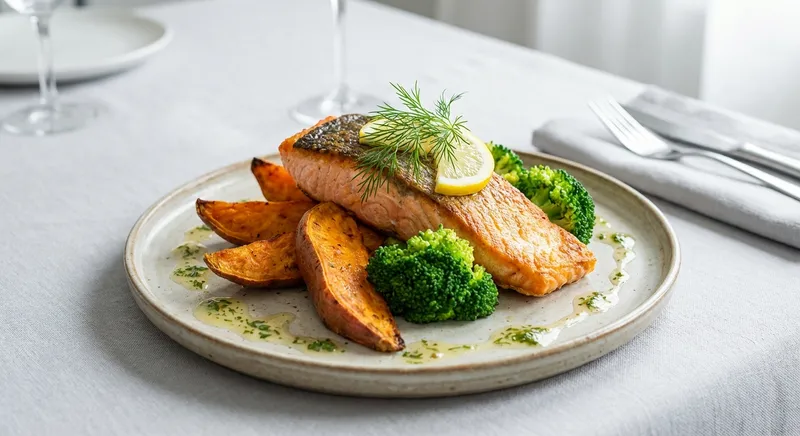Baked Salmon with Roasted Sweet Potato & Steamed Broccoli