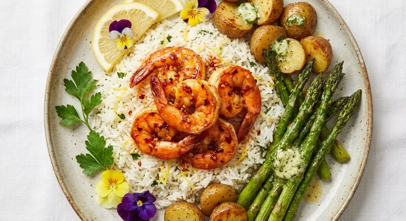 Garlic‑Chili Shrimp with Lemony Jasmine Rice, Roasted New Potatoes & Spring Asparagus Herb Butter