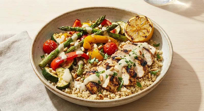 Grilled Lemon-Chicken Quinoa Bowl with Roasted Vegetables & Tahini-Lemon Dressing