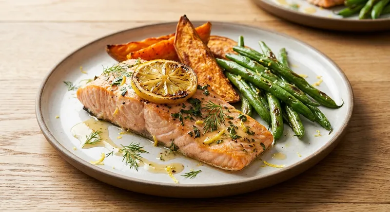 Baked Lemon-Herb Salmon with Roasted Sweet Potato & Sautéed Green Beans