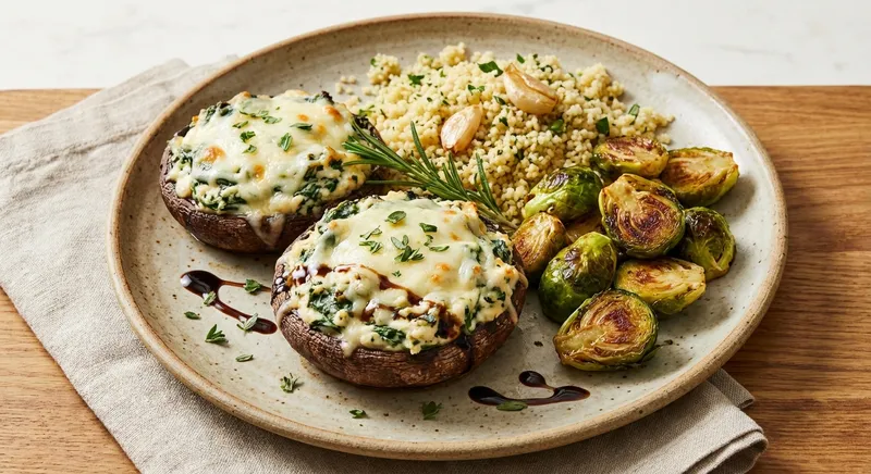 Ricotta-Spinach Stuffed Portobello Mushrooms with Garlic-Herb Couscous & Roasted Brussels Sprouts