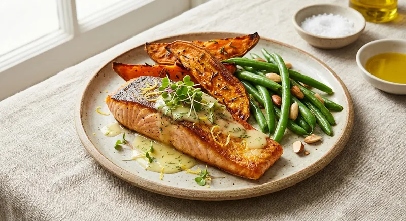 Pan-Seared Salmon with Roasted Sweet Potato Wedges & Steamed Green Beans