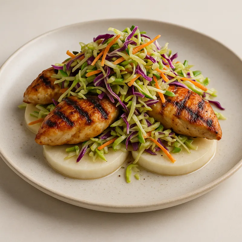 Grilled Chicken on Jicama Rounds with Cabbage Slaw