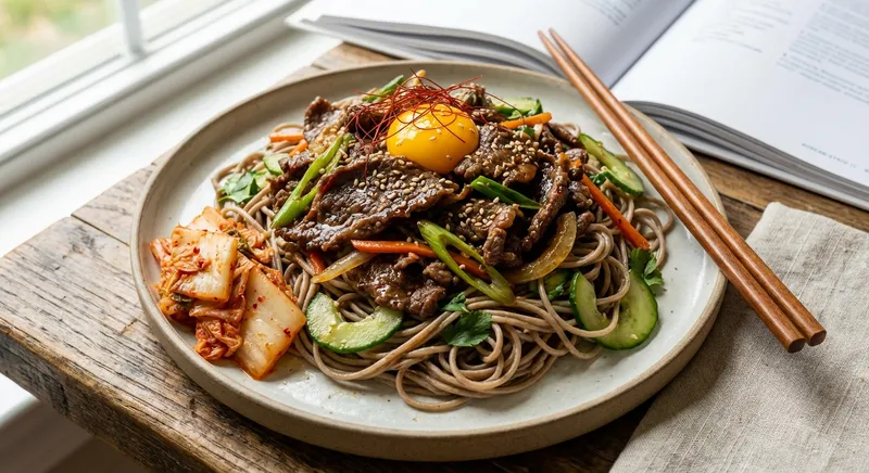 Korean-Style Bulgogi Beef Stir‑Fry with Quick-Pickled Cucumber & Scallion Soba Noodles