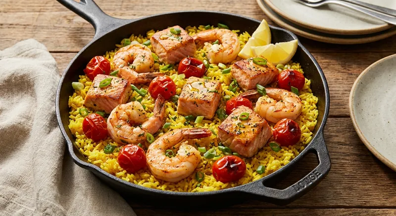 Yellow Rice Seafood Skillet (Paella‑style) with Salmon, Shrimp, Tomato & Green Onion