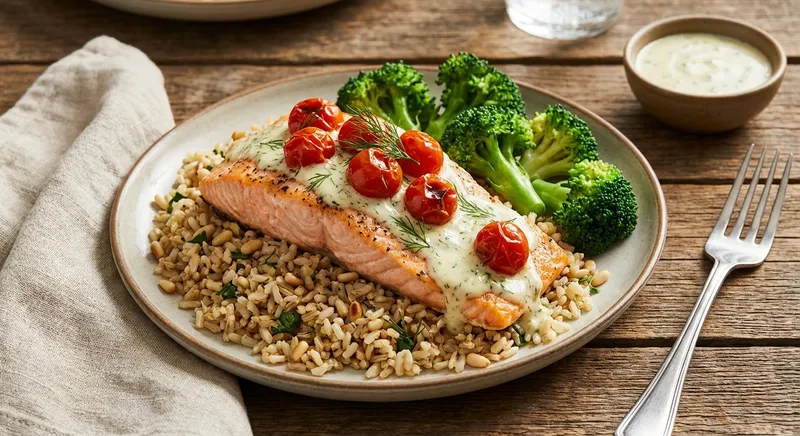 Baked Lemon-Dill Salmon with Brown Rice and Steamed Broccoli