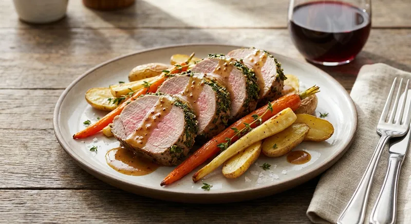 Roasted Herb-Crusted Pork Tenderloin with Root Vegetables & Mustard Pan Sauce