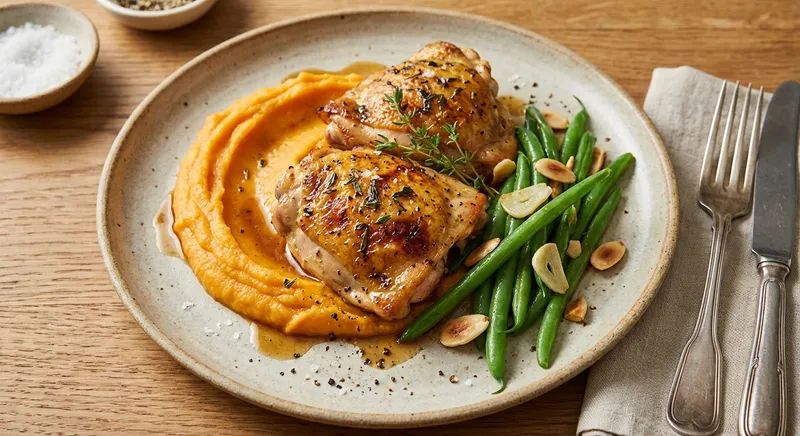 Roast Chicken Thighs with Creamy Sweet Potato Mash & Garlicky Green Beans