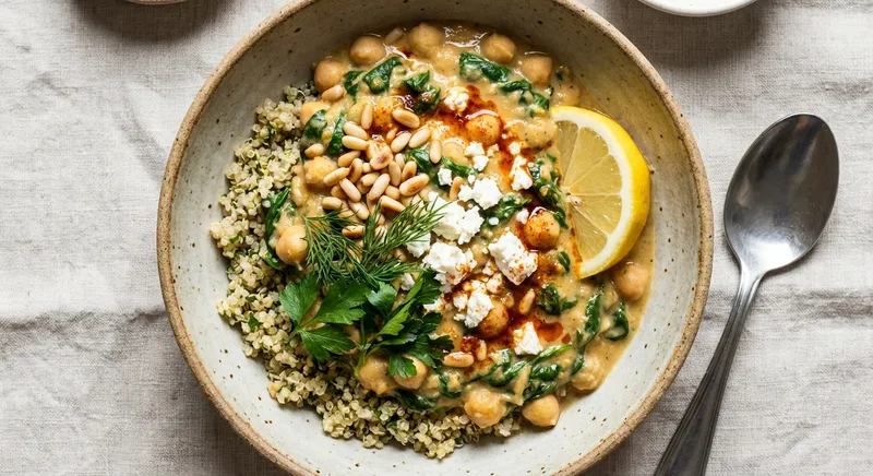 Warm Lemon‑Tahini Chickpea & Spinach Stew over Herbed Quinoa (Mediterranean Winter Bowl)