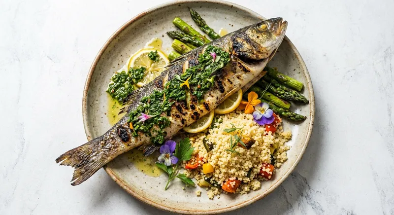 Grilled Sea Bass with Lemon-Herb, Roasted Asparagus & Couscous