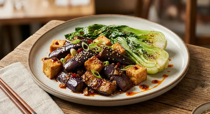 Chinese-Style Braised Eggplant with Crispy Tofu & Bok Choy