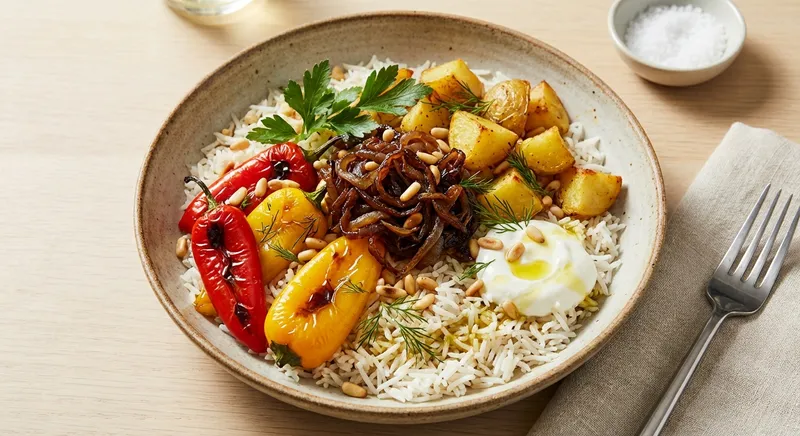 Charred Pepper & Crispy Potato Pilaf with Caramelized Onions
