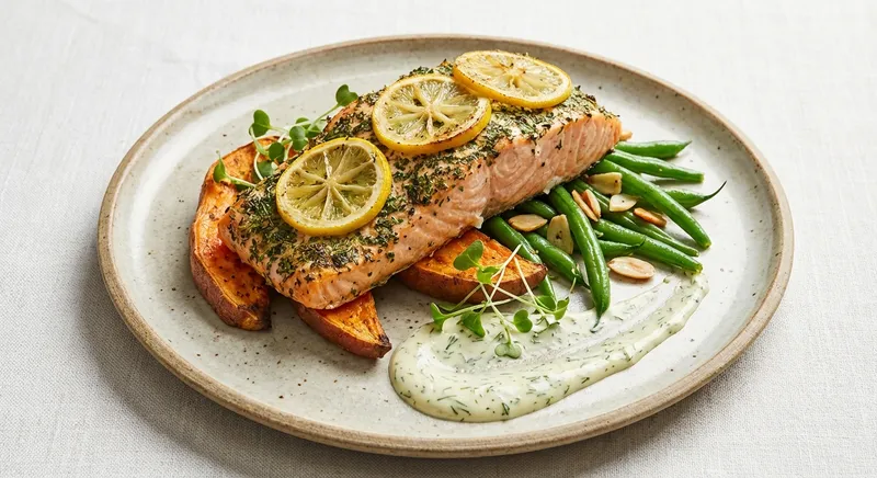 Baked Lemon-Herb Salmon with Roasted Sweet Potato & Sautéed Green Beans