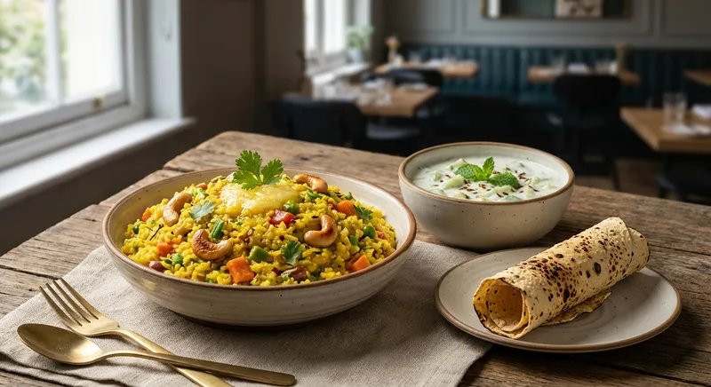 Mixed Vegetable Khichdi with Cucumber Raita and Roasted Papad