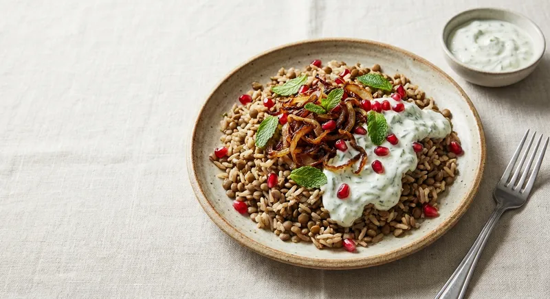 Mujaddara with Cucumber Mint Yogurt Sauce