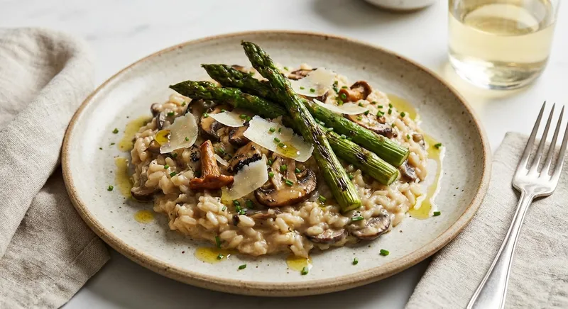 Creamy Mushroom Risotto with Roasted Asparagus