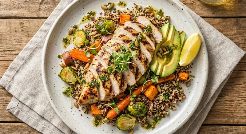 Grilled Chicken & Quinoa Salad with Roasted Veggies & Avocado
