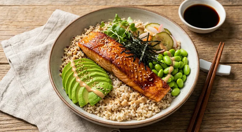 Salmon & Brown Rice Bowl with Edamame & Avocado
