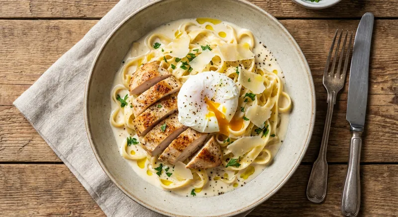 Chicken and Egg Alfredo Pasta