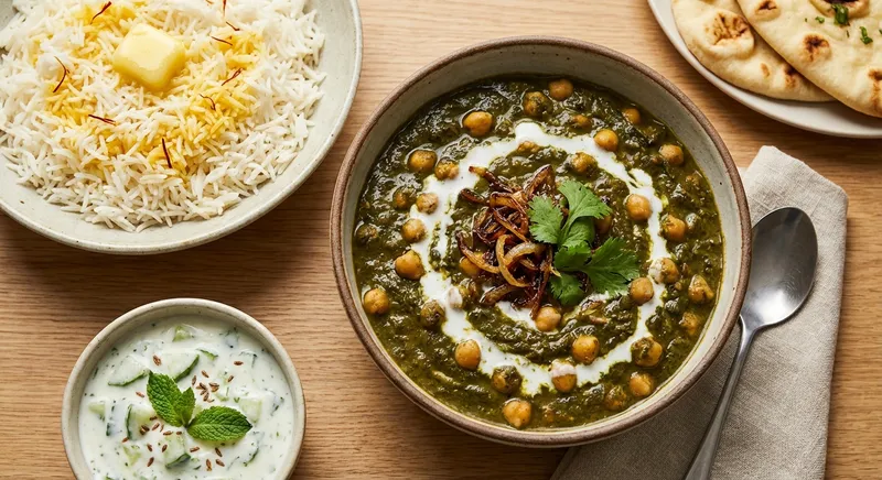 Chana Saag with Basmati Rice & Cucumber Raita