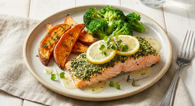 Baked Salmon with Roasted Sweet Potato & Steamed Broccoli