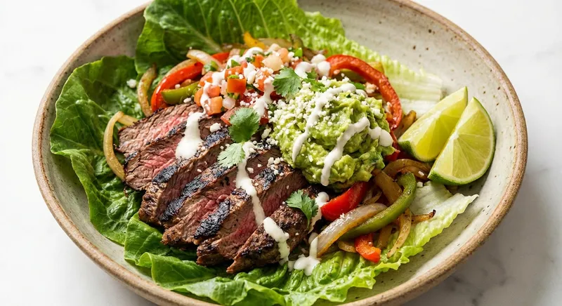 Grilled Flank Steak Fajita Bowl on Lettuce with Fresh Guacamole