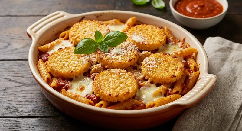 Tomato-Garlic Baked Penne with Golden Cheesy Rice Cakes