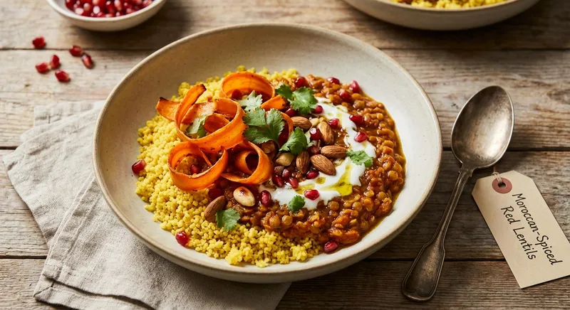 Moroccan-Spiced Red Lentils with Oven-Roasted Carrot Ribbons & Turmeric Couscous