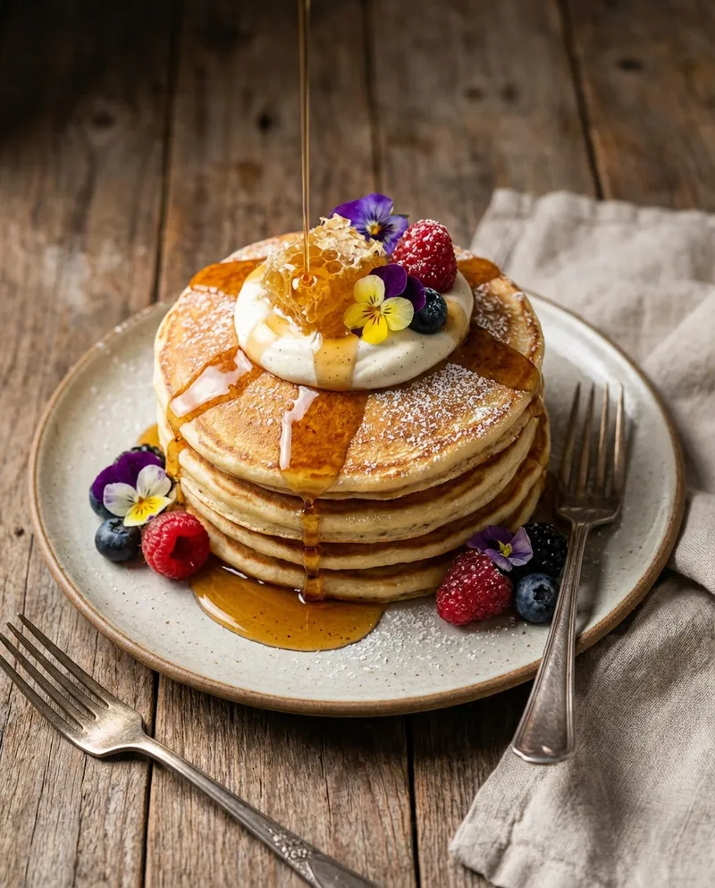 Honey Vanilla Pancakes with Brown Sugar Syrup