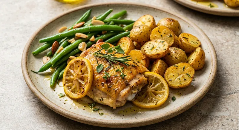 Mediterranean Lemon-Herb Roasted Chicken Thighs with Crispy Baby Potatoes & Sautéed Green Beans