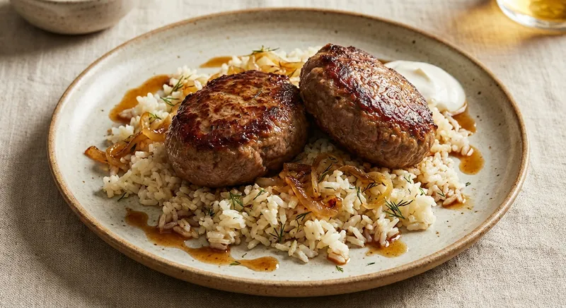 Eastern European–Style Pan-Seared Beef Kotleti with Garlic-Butter Rice and Caramelized Onions
