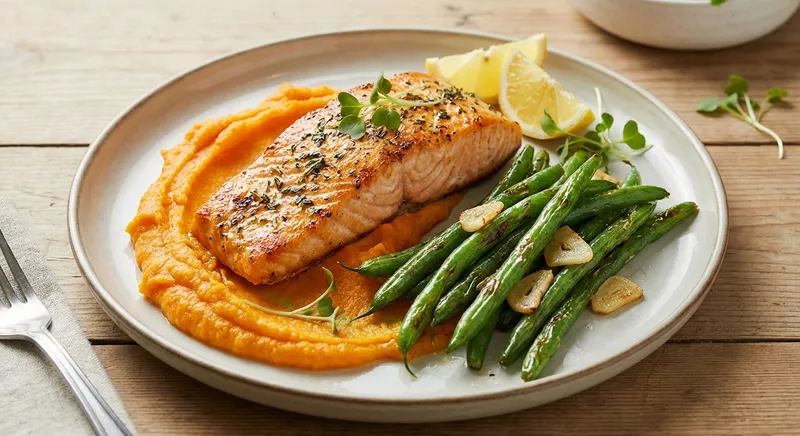 Baked Salmon with Sweet Potato Mash & Garlic Green Beans