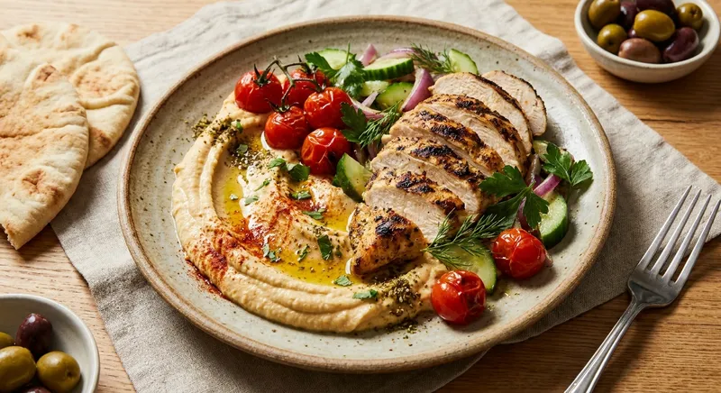 Mediterranean Spiced Chickpea Purée with Sliced Grilled Chicken