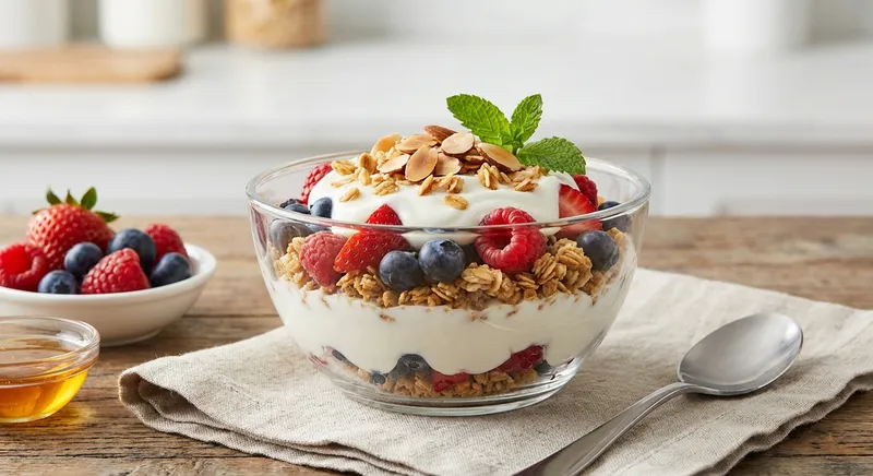 Greek Yogurt Berry Parfait with Granola & Almonds