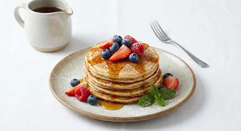 Banana-Oat Pancakes with Maple Syrup & Berries