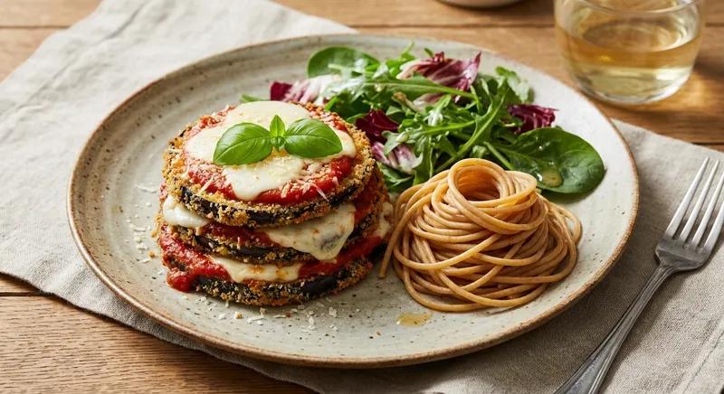 Baked Eggplant Parmesan with Whole-Wheat Spaghetti and Mixed Greens