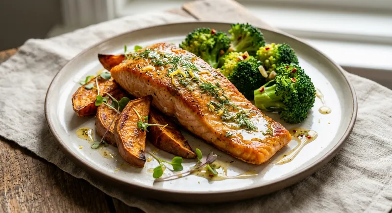 Baked Salmon with Roasted Sweet Potato and Sautéed Broccoli