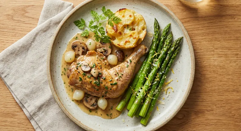 Poulet au Vin Blanc with Buttered Asparagus