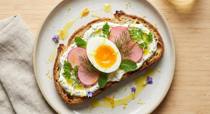 Spring Herb Labneh Toast with Soft‑Boiled Egg, Quick‑Pickled Radish & Lemon Zest