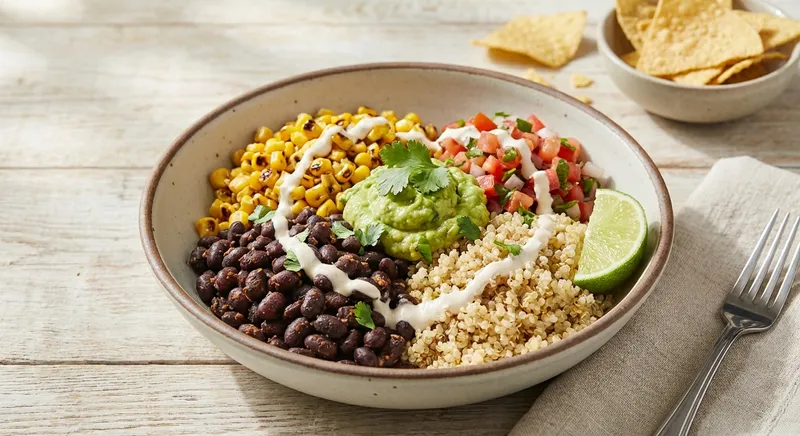Black Bean & Quinoa Burrito Bowls with Corn, Pico de Gallo & Guacamole