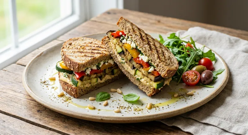 Mediterranean Grilled Veg & Hummus Panini on Whole-Grain Bread