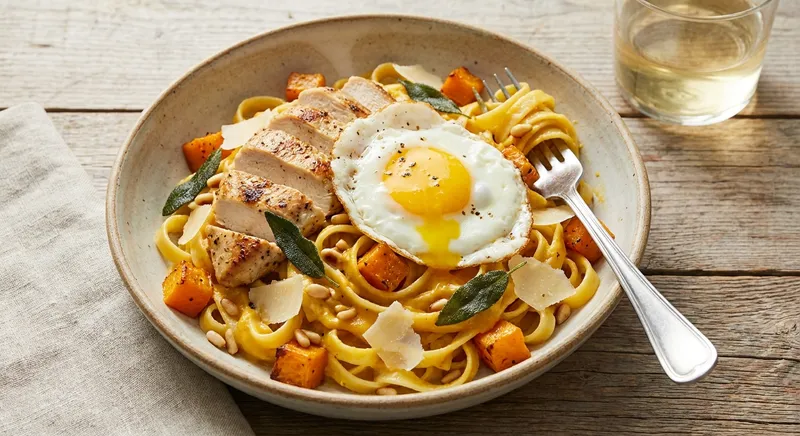 Roasted Butternut Squash Fettuccine with Seared Chicken and Runny Egg