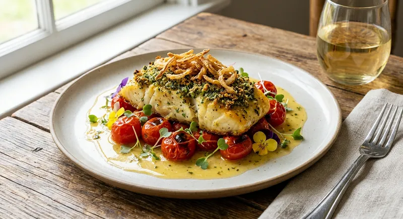 Air-Fried Herb-Crusted Cod with Charred Tomatoes, Crispy Onions & Lemon-Butter