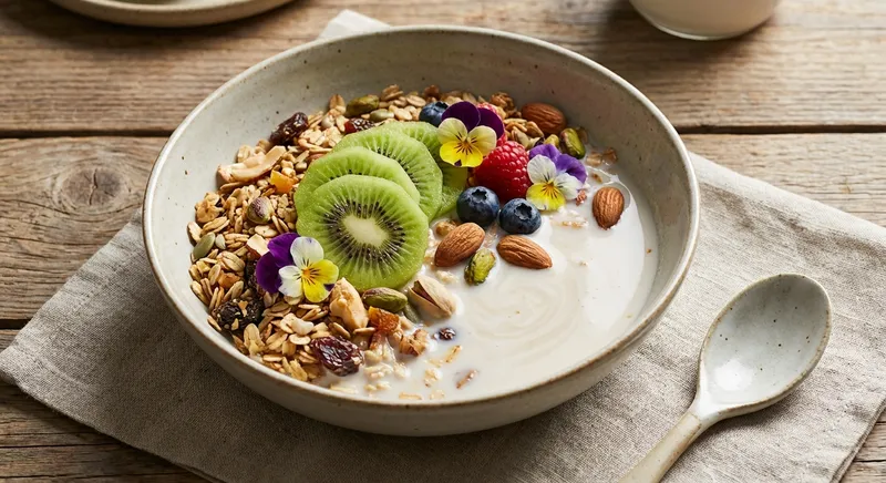 Gluten-Free Fruit & Nut Muesli with Almond Milk and Kiwi